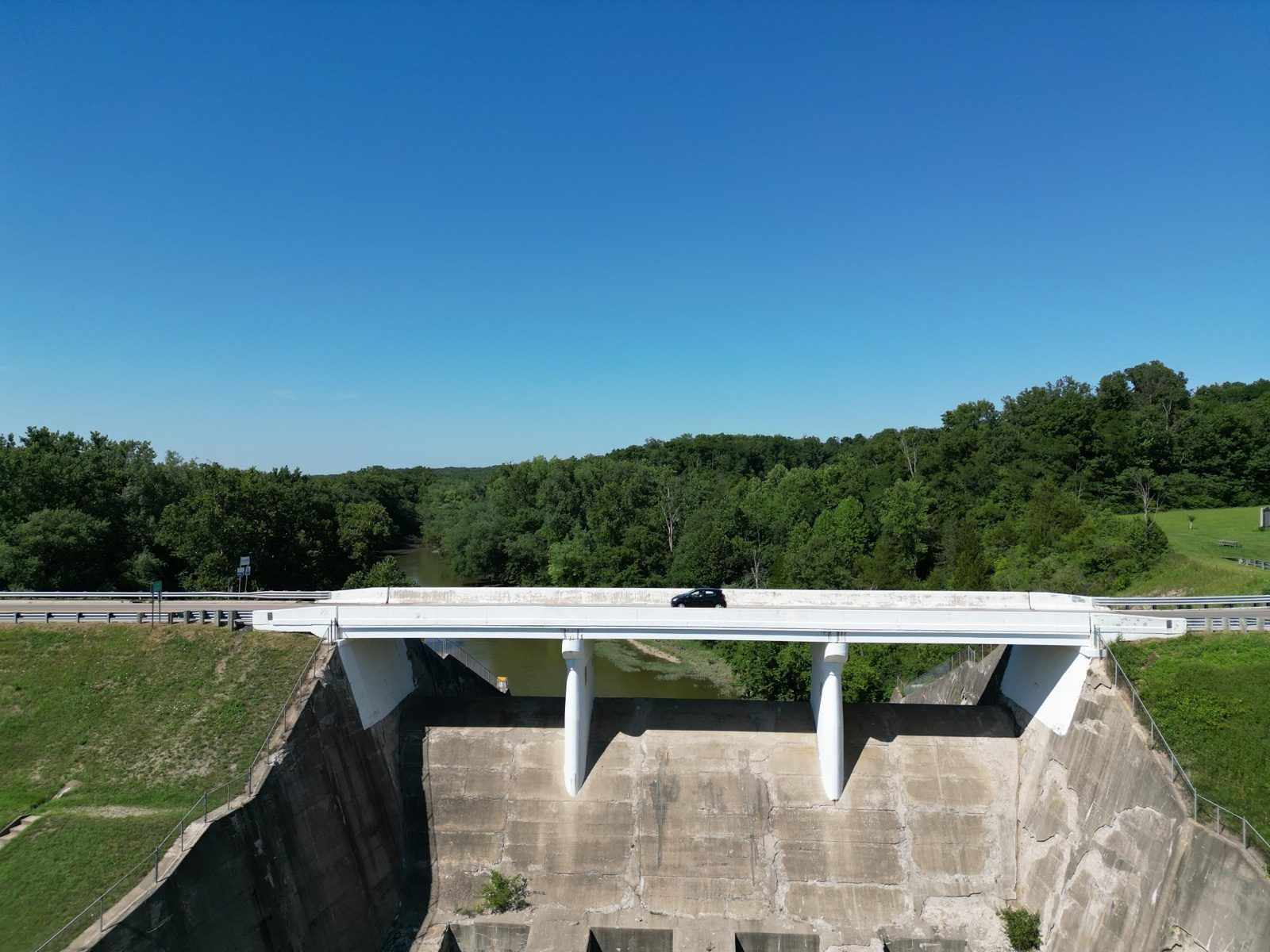 Aerial view of National Road crossing the Taylorsville Dam spillway over the Great Miami River